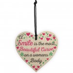 Smile Is The Most Beautiful Curve Wooden Hanging Heart Plaque