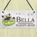 Personalised Cats Name Sleeps Here Hanging Plaque Sign Gift