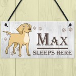 Personalised Dogs Name Sleeps Here Hanging Kennal Bed Sign Gift