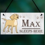 Personalised Dogs Name Sleeps Here Hanging Kennal Bed Sign Gift