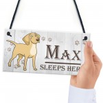 Personalised Dogs Name Sleeps Here Hanging Kennal Bed Sign Gift