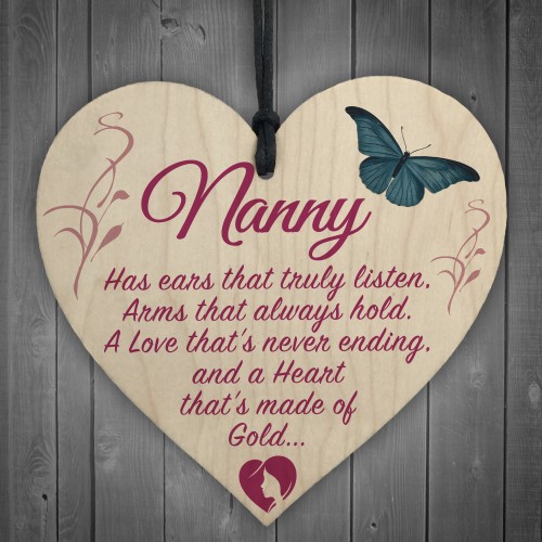 Nanny Heart Of Gold Hanging Wooden Heart Plaque Sign Gift 