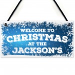 Personalised Christmas At The Family Name Decor Hanging Plaque