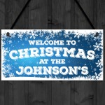 Personalised Christmas At The Family Name Decor Hanging Plaque