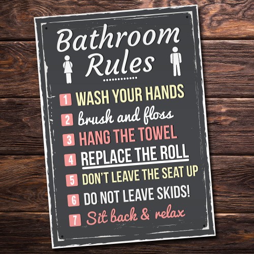 Bathroom Rules Funny Toilet Door Wall Sign Novelty Joke Plaque 