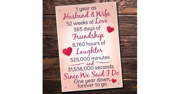 1st Wedding Anniversary Plaque Husband Wife Gift For Her Women