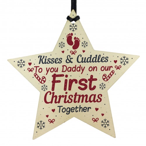 Daddy First 1st Christmas Newborn Baby Gift Wood Star Bauble