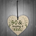 Funny 50th Birthday Fishing Gifts Wooden Heart Birthday Gift