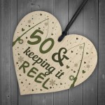 Funny 50th Birthday Fishing Gifts Wooden Heart Birthday Gift