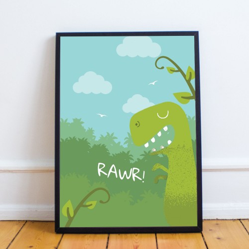 Framed Boys Bedroom Print Dinosaur Wall Art Room Decoration 