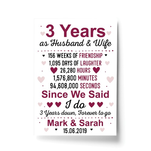 3rd Wedding Anniversary Gift Husband Wife Personalised Gift