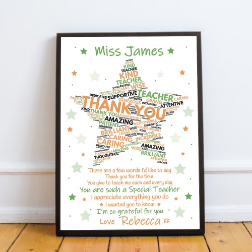 Thank You Teacher Gifts Personalised Poem Word Art Framed Print