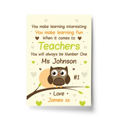 Personalised Thankyou Teacher Assistant Leaving School Owl Gift 