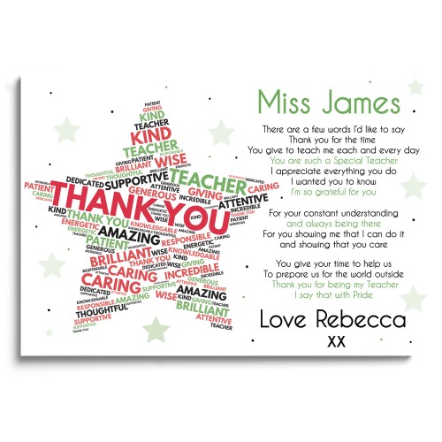 Personalised Thank You Teacher Gift Leaving School Nursery Poem