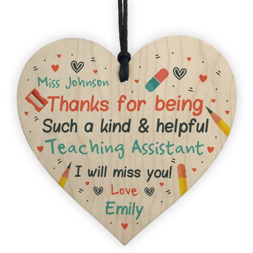 Personalised Teaching Assistant Thank You Wood Heart Leaving