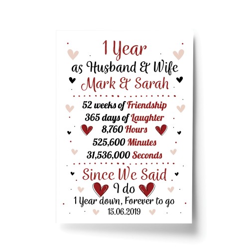 Personalised Wedding Print 1st Year Anniversary Husband Wife