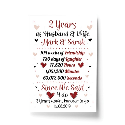 Personalised Wedding Print 2nd Year Anniversary Husband Wife