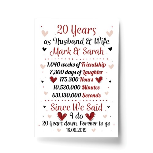 Personalised Wedding Gift 20th Year Anniversary Husband Wife