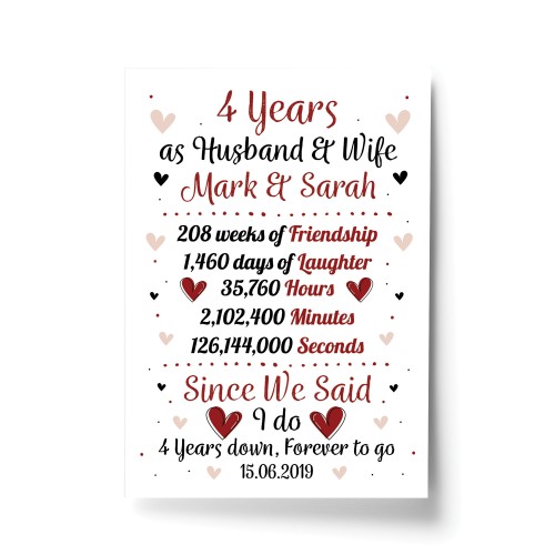 Personalised Wedding Print 4th Year Anniversary Husband Wife