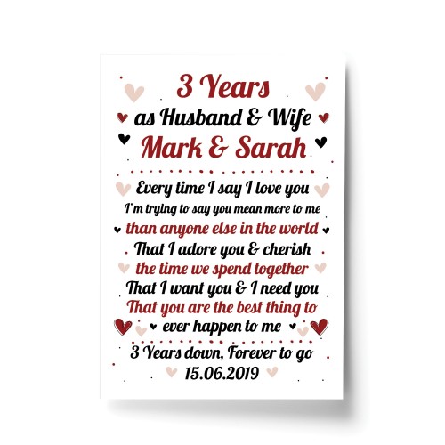 3rd Wedding Anniversary Gift For Husband or Wife Print Keepsake