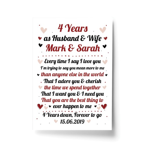 4th Wedding Anniversary Gift For Husband or Wife Print Keepsake 