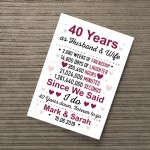 40th Anniversary Gift Personalised Print 40th Anniversary Card