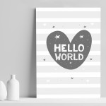 Grey Nursery Print Hello World New Baby Room Pictures Wall Art