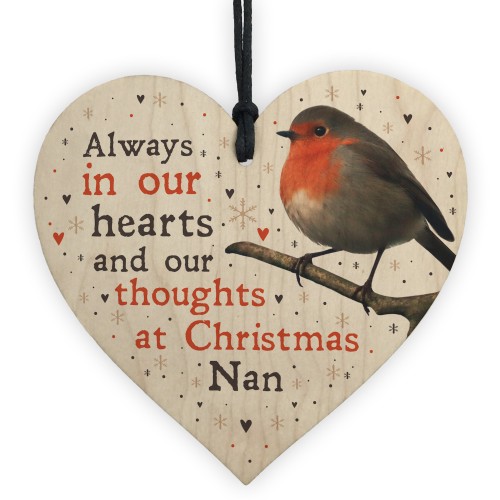 Christmas Robin Memorial Wood Heart Tree Hanging Decoration Nan