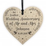 3rd Leather Wedding Anniversary Gift Personalised Heart Mr & Mrs