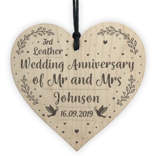 3rd Leather Wedding Anniversary Gift Personalised Heart Mr & Mrs