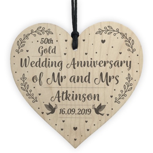 50th Gold Wedding Anniversary Gift Personalised Wood Heart