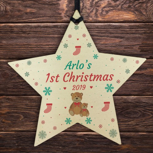 Baby 1st Christmas Gift Personalised Wooden Star Boy Girl Gift