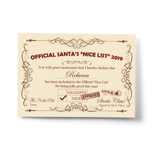 Personalised Letter from Santa Nice List Certificate Kid Gift