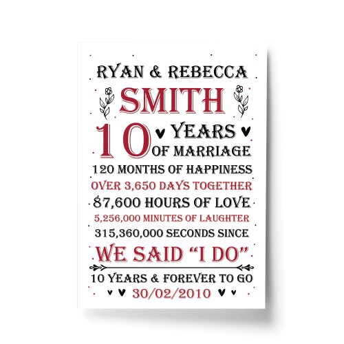 Couple 10th Wedding Anniversary Gift Personalised Print