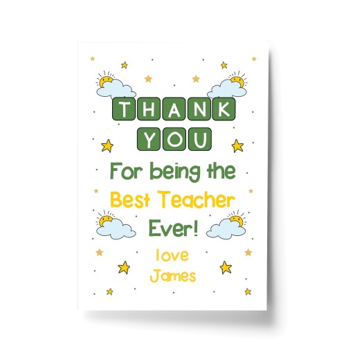 Thank You Gift For Best Teacher Ever Personalised Print Leaving