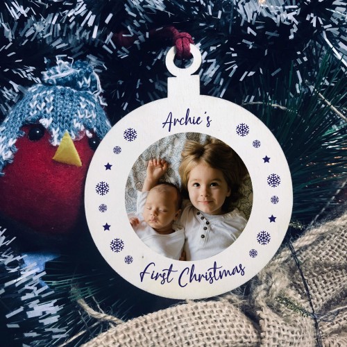 Personalised Photo Christmas Tree Decoration Wood First Xmas