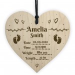 Personalised New Baby Gift Birth Details Wood Heart Nursery Gift