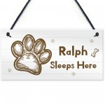 Personalised Dog Sign Sleeps Here Hanging Paw Print Plaque