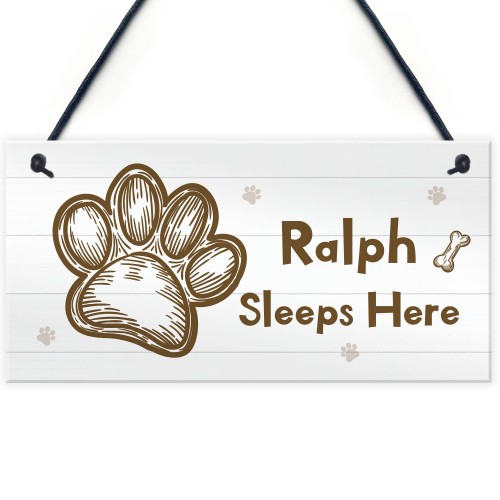 Personalised Dog Sign Sleeps Here Hanging Paw Print Plaque