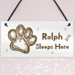 Personalised Dog Sign Sleeps Here Hanging Paw Print Plaque