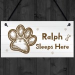 Personalised Dog Sign Sleeps Here Hanging Paw Print Plaque