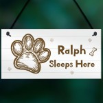 Personalised Dog Sign Sleeps Here Hanging Paw Print Plaque