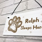 Personalised Dog Sign Sleeps Here Hanging Paw Print Plaque