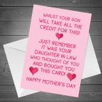 Funny Humour Mothers Day Card For Mother in Law From Daughter