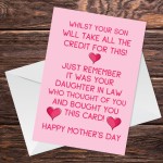 Funny Humour Mothers Day Card For Mother in Law From Daughter