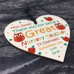 Thank You NURSERY Teacher Gift Heart Hanging Sign Personalised