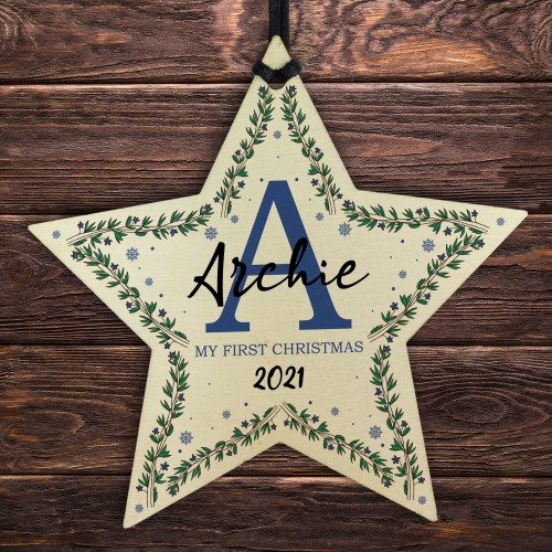 Personalised My First Christmas Wood Star Tree Decoration Baby