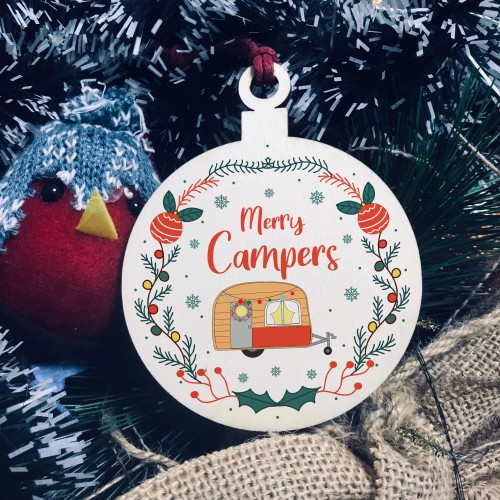 Novelty Caravan Wood Bauble Design Merry Campers Caravan Lover