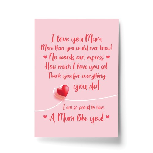 Mum Poem Daughter Son Print Keepsake THANK YOU Birthday Xmas