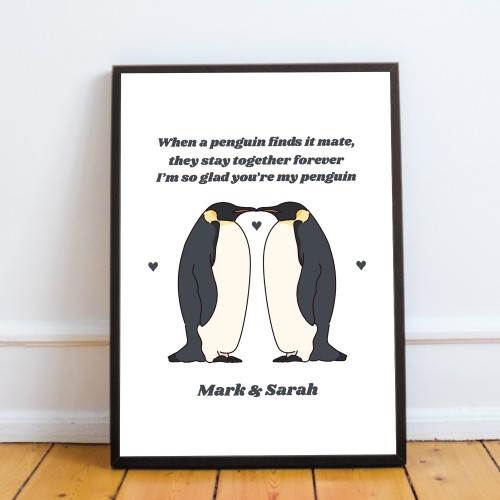 Personalised Penguin Gift Framed Print For Couple Anniversary